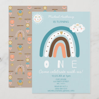 Blauer Regenbogen Erster Geburtstag Einladung