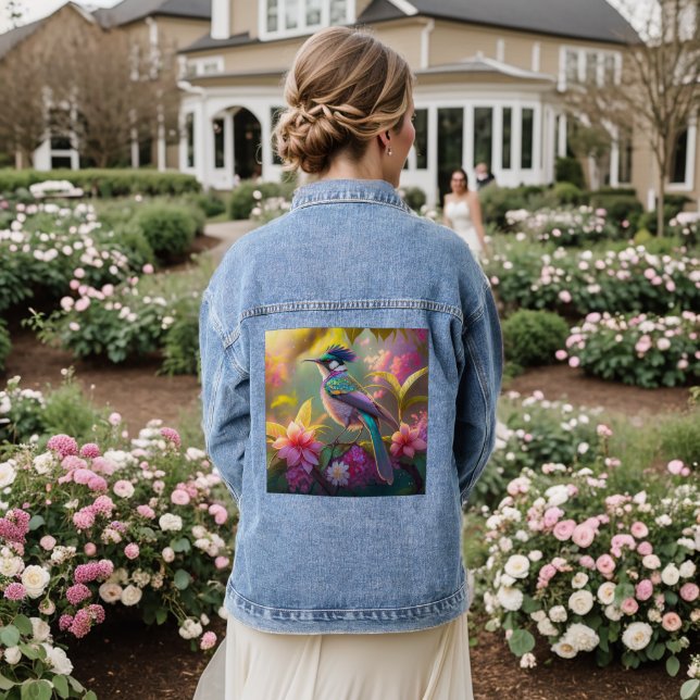 Blauer Regenbogen Winged Sunbird Fantasy Bird Jeansjacke (Hochzeit Rückseite)