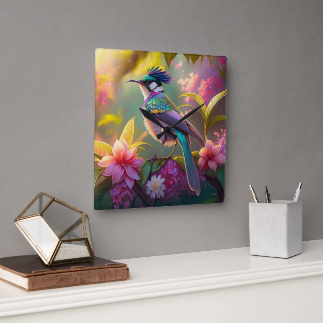 Blauer Regenbogen Winged Sunbird Fantasy Bird Quadratische Wanduhr (Büro)