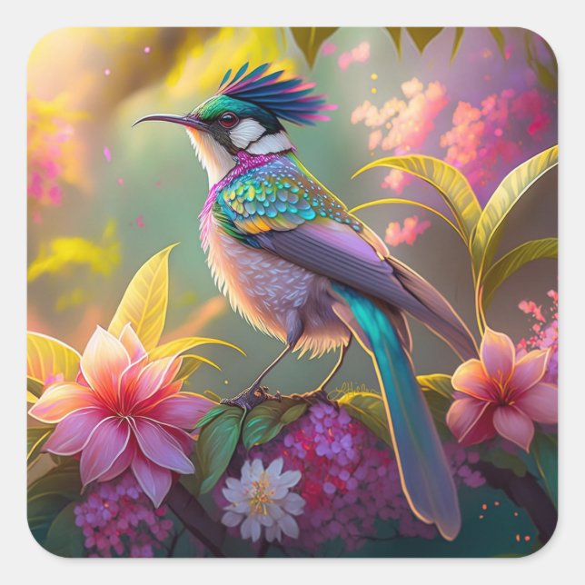 Blauer Regenbogen Winged Sunbird Fantasy Bird Quadratischer Aufkleber (Vorderseite)