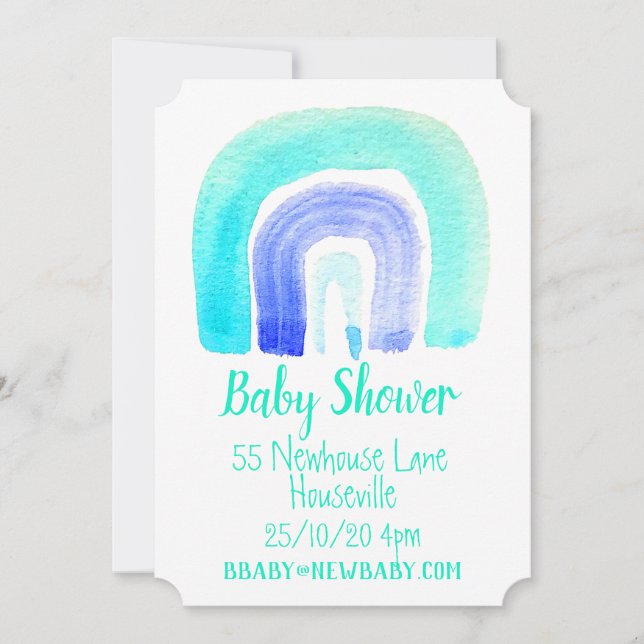 Blauer Regenbogenjunge Babydusche Einladung (Vorderseite)