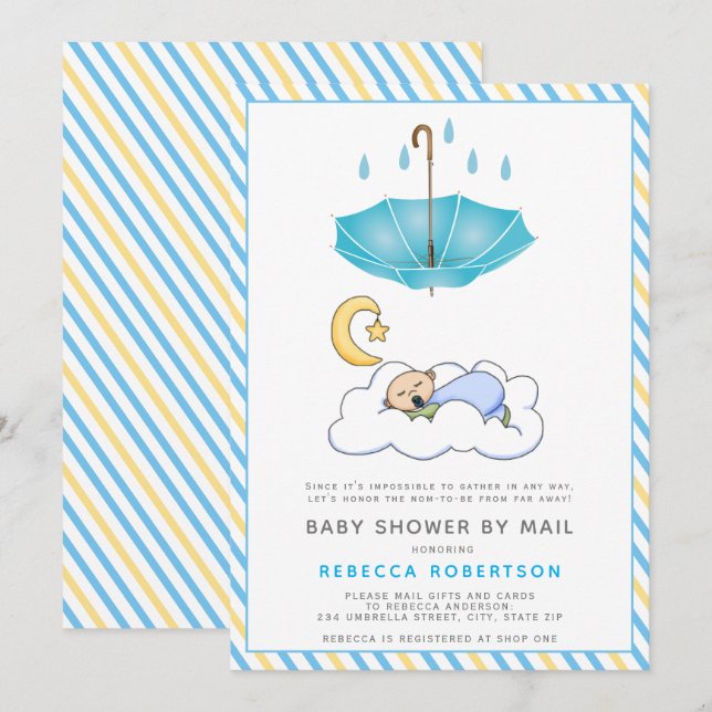 Blauer Regenschirm, schlafende Baby-Boy-Dusche per Einladung (Vorne/Hinten)
