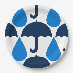 Blauer Regenschirm und Regentropfen-Musterdesign Pappteller