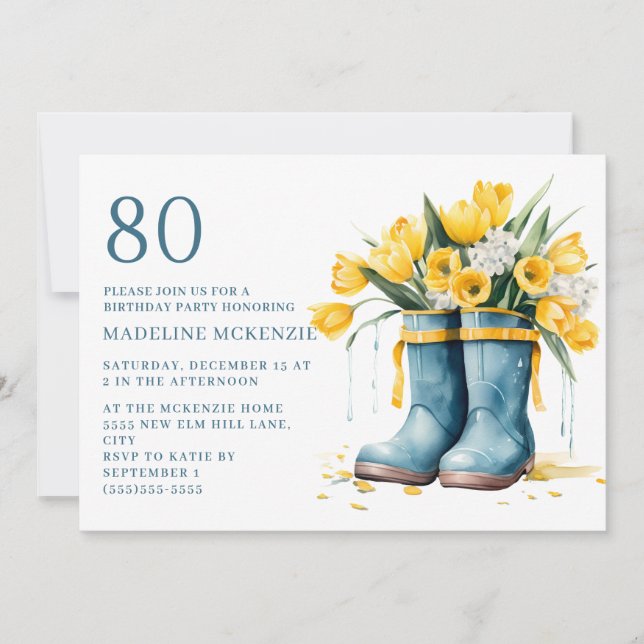 Blauer Regenstiefel Gelbe Tulpen 80. Geburtstag Einladung (Vorderseite)