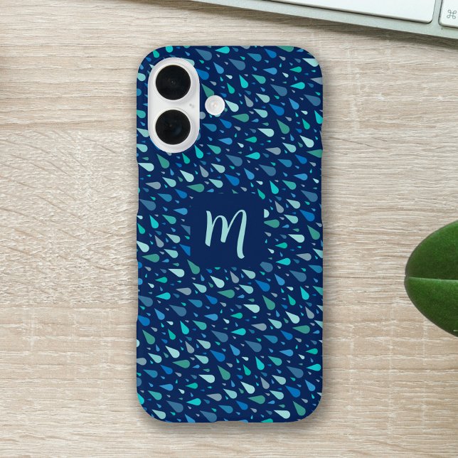 Blauer Regentropfen, kundenspezifisch iPhone 16 Hülle (Modern blue raindrops custom monogram iphone case)