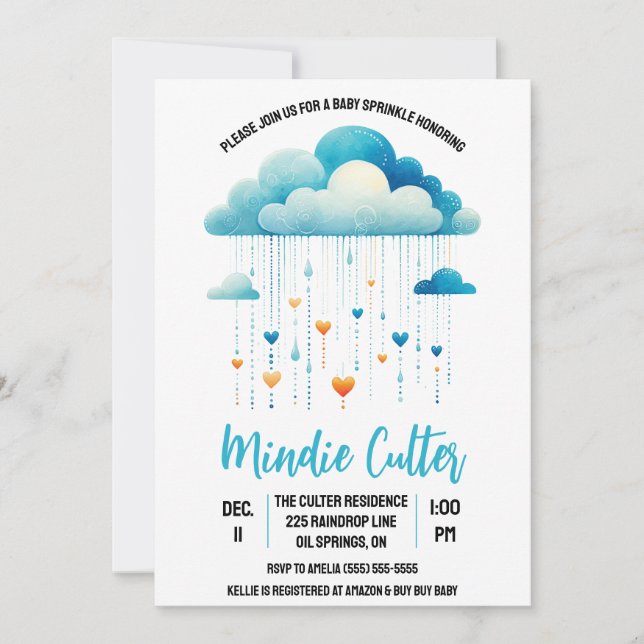 Blauer Regenwolke mit Herztropfen Baby Sprinkle Einladung (Vorderseite)