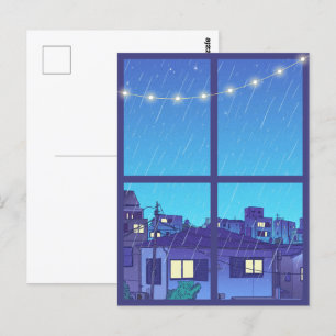 Blauer regnerischer Cartoon Illustrative Nachtbele Postkarte
