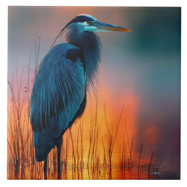 Blauer Reiher bei Sonnenaufgang Fliese (Vorderseite)