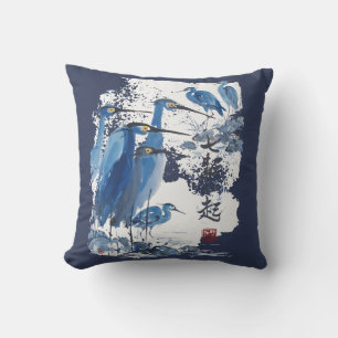 Blauer Reiher Japanische Tuschwaschung Vogel Natur Kissen
