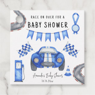 Blauer Rennwagen Babydusche Geschenkanhänger