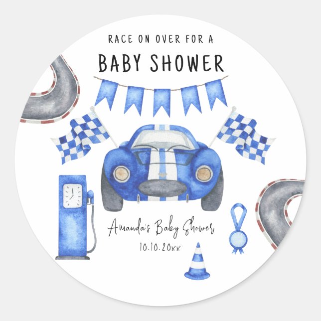 Blauer Rennwagen Babydusche Runder Aufkleber (Vorderseite)