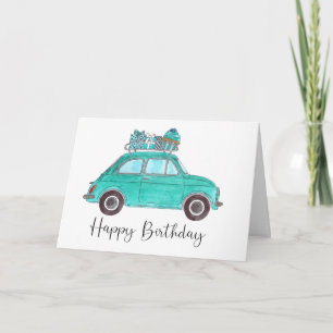 Blauer Retro-Fiat 500 Geburtstag Karte