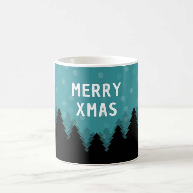 Blauer Retro Merry Xmas mit Kiefern und Schnee Kaffeetasse (Mittel)