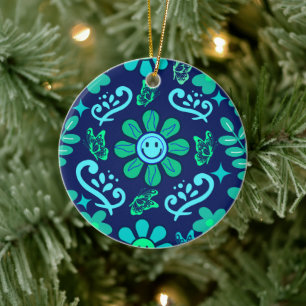 Blauer Retro-Stil Blumen- und Sonnensymbol-Muster Keramik Ornament