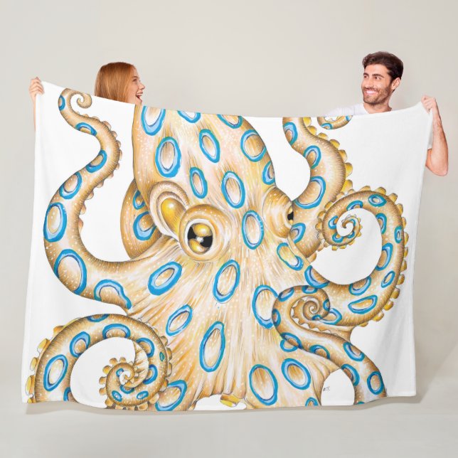 Blauer Ring Oktopus auf Weiß Tinte Fleecedecke (Beispiel)