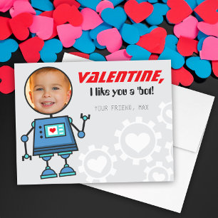 Blauer Roboter Valentinstag Junge Foto Klassenzimm Feiertagskarte