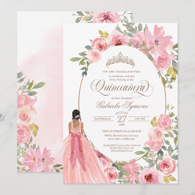Blauer Rosa Aquarellfarben Quinceanera Einladung (Vorne/Hinten)