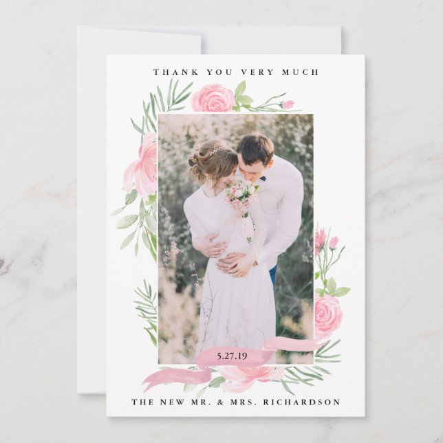 Blauer Rosa Blume| Hochzeit Foto Vielen Dank Dankeskarte (Vorderseite)