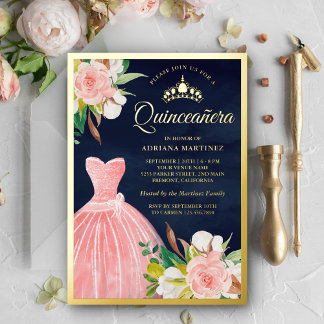 Blauer Rosa Blumengarn Navy Blue Quinceanera Gold Folieneinladung