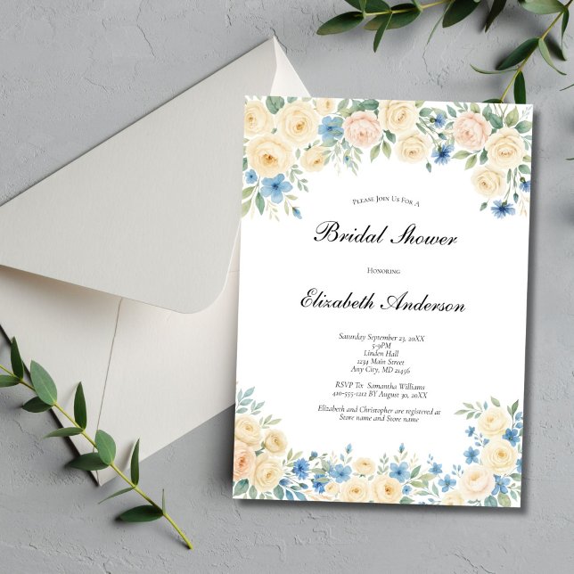 Blauer Rosa Creme Brautparty Einladung (Cream Blush Pink and blue watercolor florals Bridal Shower invitation. Printed or Digital Download)