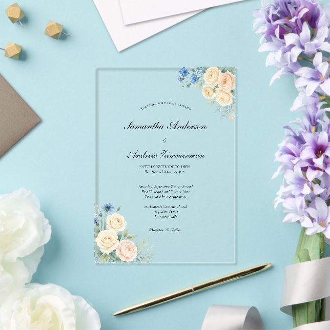Blauer Rosa Creme Elegante Hochzeit Acryleinladungen (In Situ (Hochzeit))