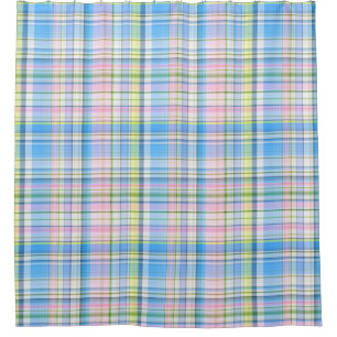 Blauer Rosa Gelb Welpe Madras Duschvorhang