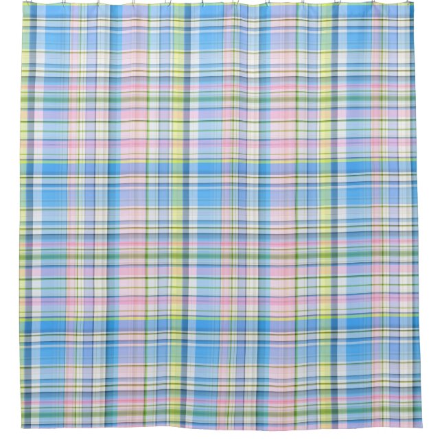 Blauer Rosa Gelb Welpe Madras Duschvorhang (Vorderseite)