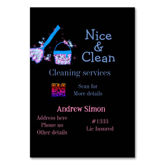 Blauer rosa Glitzer sauberer Mopp Name q r b Tischnummer (Vorderseite)