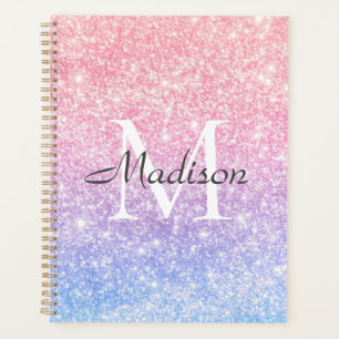 Blauer Rosa Ombre Glitzer Name Monogram Planer