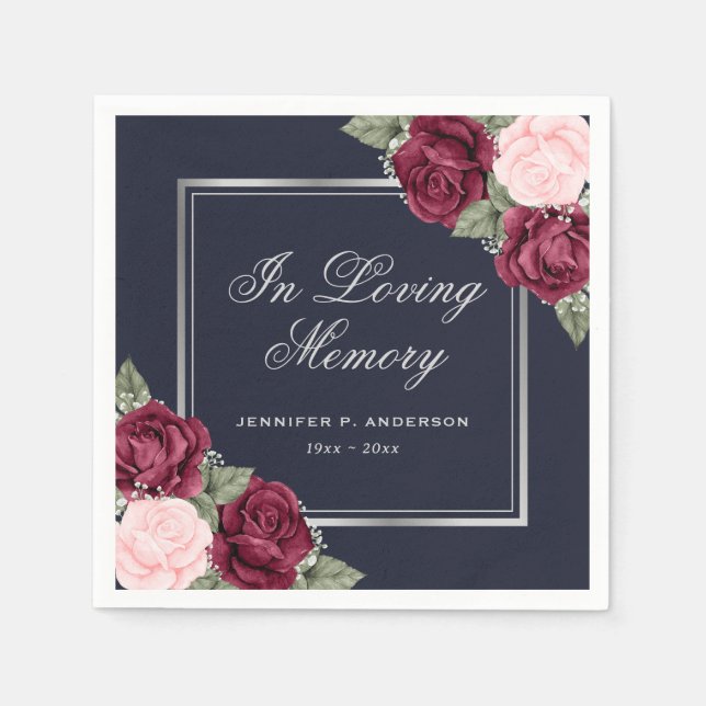 Blauer Rosa Silver Floral Beerdigung Memorial Serviette (Vorderseite)