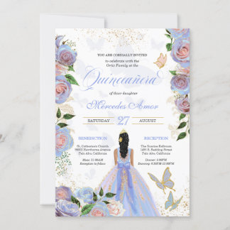 Blauer Rosen Schmetterling Quinceanera Einladung