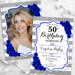 Blauer Royal Blue Silver Foto 50. Geburtstag Einladung<br><div class="desc">Elegante, florale, weibliche 50. Geburtstagseinladung mit Ihrem Foto auf der Kartenrückseite. Glam weißes, königsblaues Design mit Imitaten Glitzer Silber. Features Streifen, saphir blauen Rose, Skript-Schriftart und Konfetti. Ideal für ein stilvolles Party für Erwachsene. Personalisieren Sie Ihre persönlichen Daten. Kann für jedes Alter angepasst werden! Gedruckte Zazzle Einladungen oder Sofortdownload digitalen...</div>