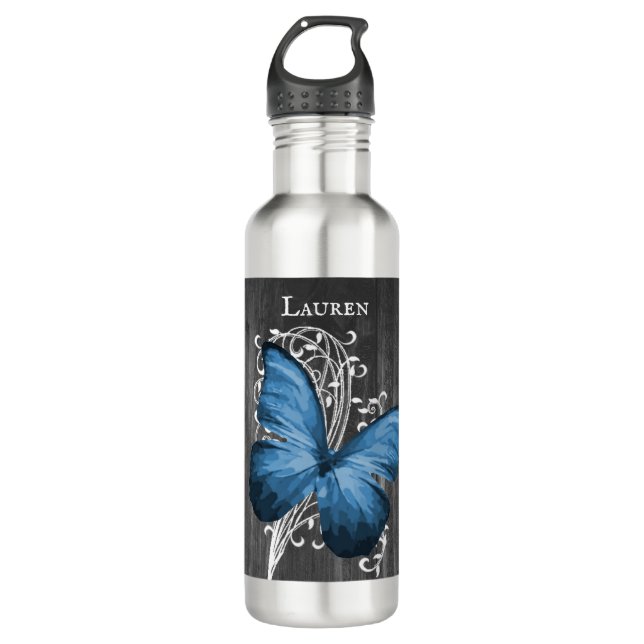 Blauer Rustikaler Schmetterling Personalisiert Edelstahlflasche (Vorderseite)