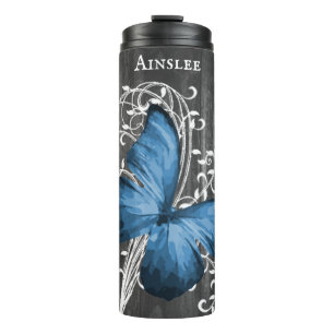 Blauer Rustikaler Schmetterling Personalisierter T Thermosbecher