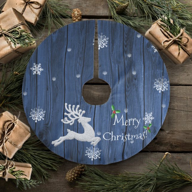 Blauer Rustikaler Weihnachtsbaumrock Polyester Weihnachtsbaumdecke (Blue Rustic Christmas Reindeer Holiday Tree Skirt)