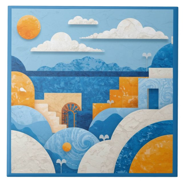 Blauer Santorini Mittelmeer Azulejo Fliese (Vorderseite)