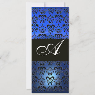 BLAUER SAPHIR UND SCHWARZES DAMAST-MONOGRAMM, weiß Einladung