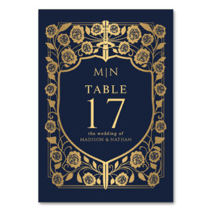 Blauer Schild Mittelalter Fantasy Monogramm Hochze Tischnummer