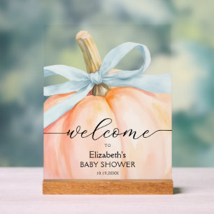 Blauer Schleifenkleiner Kürbis-Junge-Baby-Shower-W Acrylschild