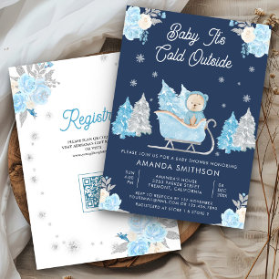Blauer Schlitten Süßer Teddybär Marine Baby-Party Einladung