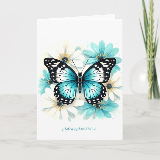 Blauer Schmetterling & Aqua-Blumen-Aquarell Karte (Vorderseite)