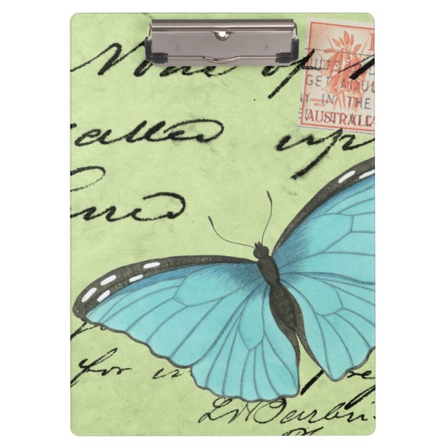 Blauer Schmetterling auf Aquamariner Postkarte Klemmbrett (Vorderseite)