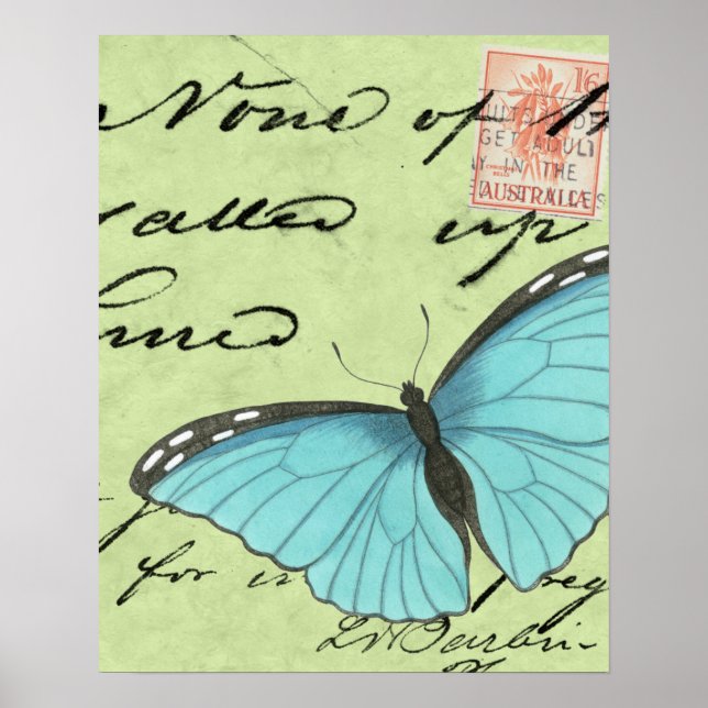 Blauer Schmetterling auf Aquamariner Postkarte Poster (Vorne)