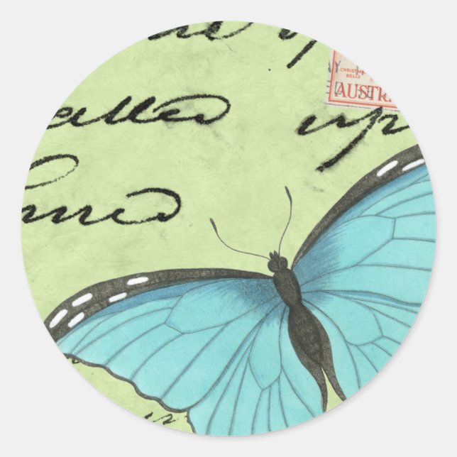 Blauer Schmetterling auf Aquamariner Postkarte Runder Aufkleber (Vorderseite)