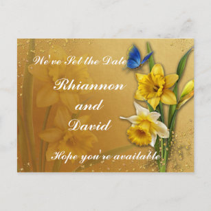 Blauer Schmetterling auf Daffodin Save the Date Postkarte
