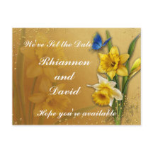 Blauer Schmetterling auf Daffodin Save the Date