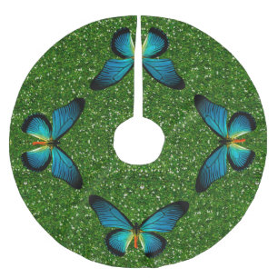 Blauer Schmetterling auf dem grünen Glitzer-Baumro Polyester Weihnachtsbaumdecke