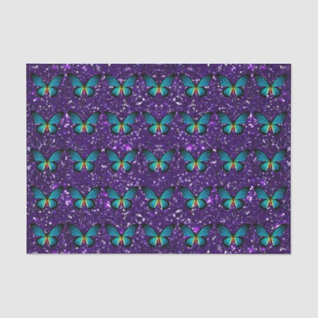 Blauer Schmetterling auf dem Lila Glitzer Seidenpapier (Vorderseite)