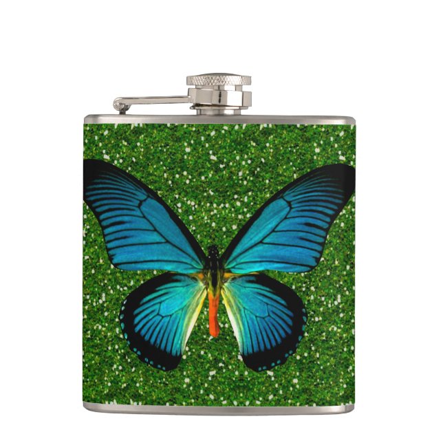 Blauer Schmetterling auf der Flasche mit grünem Gl Flachmann (Vorderseite)