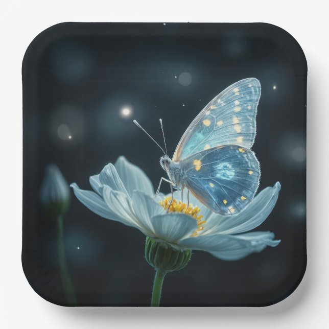 Blauer Schmetterling auf einer Mondblume Pappteller (Vorderseite)